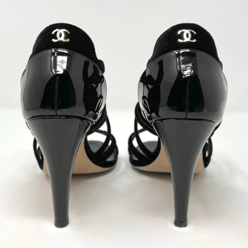 Chanel Black Velvet Patent Leather Strappy‎ Heels CC Logo 37